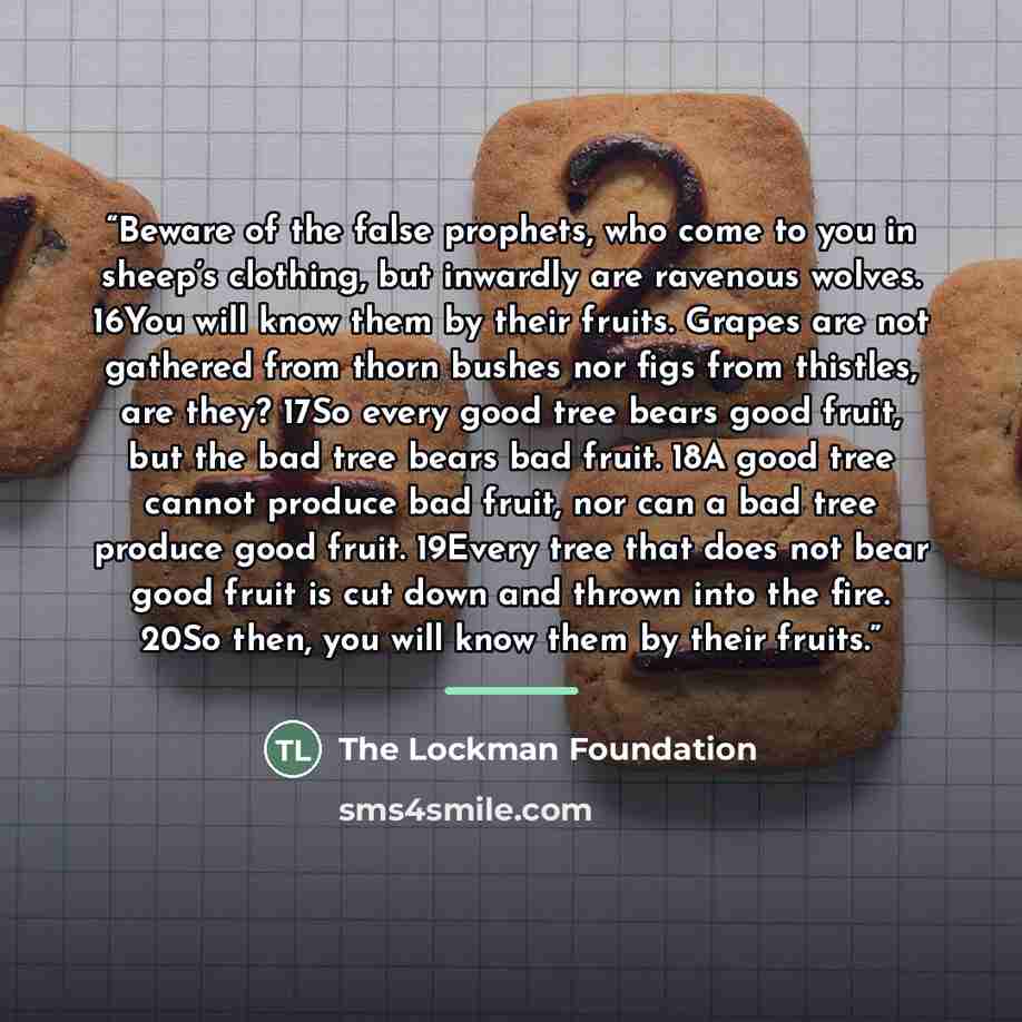 “Beware of the false prophets, who come to you in sheep’s clothing, but inwardly are ravenous wolves. 16You will know them by their fruits. Grapes are not gathered from thorn bushes nor figs from thistles, are they? 17So every good tree bears good fruit, but the bad tree bears bad fruit. 18A good…” quote by The Lockman Foundation