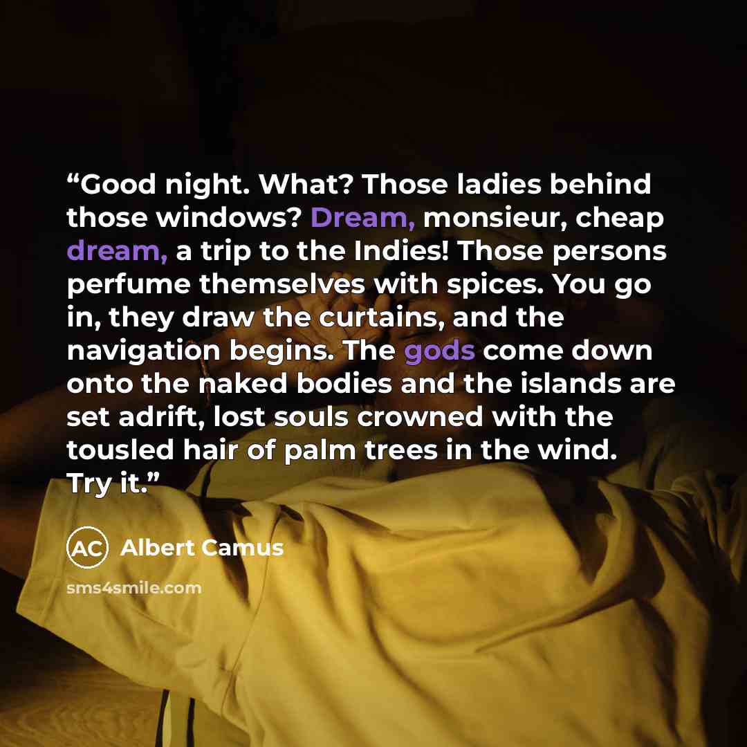“Good night. What? Those ladies behind those windows? Dream, monsieur, cheap dream, a trip to the Indies! Those persons perfume themselves with spices. You go in, they draw the curtains, and the navigation begins. The gods come down onto the naked bodies and the islands are set adrift, lost souls…” quote by Albert Camus