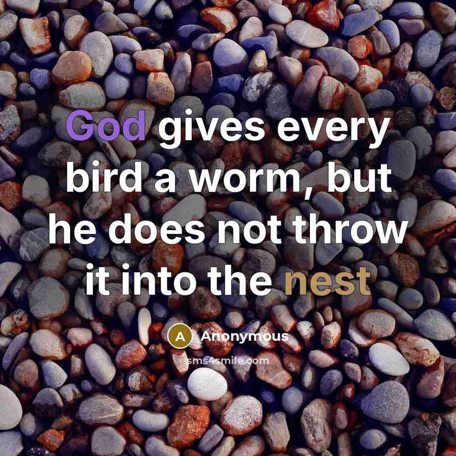 “God gives every bird a worm, but he does not throw it into the nest” quote by Anonymous