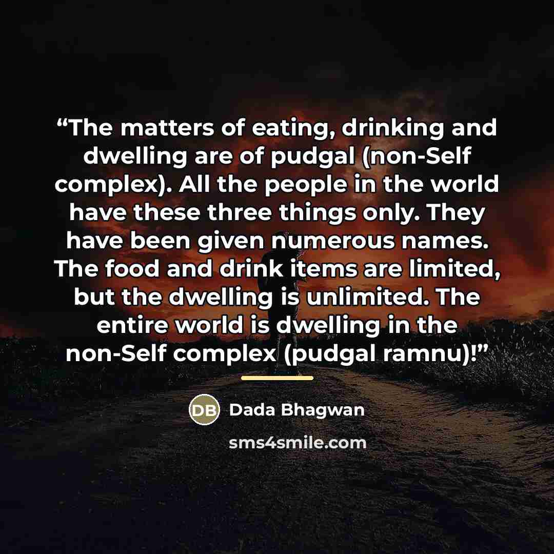 “The matters of eating, drinking and dwelling are of pudgal (non-Self complex). All the people in the world have these three things only. They have been given numerous names. The food and drink items are limited, but the dwelling is unlimited. The entire world is dwelling in the non-Self complex…” quote by Dada Bhagwan