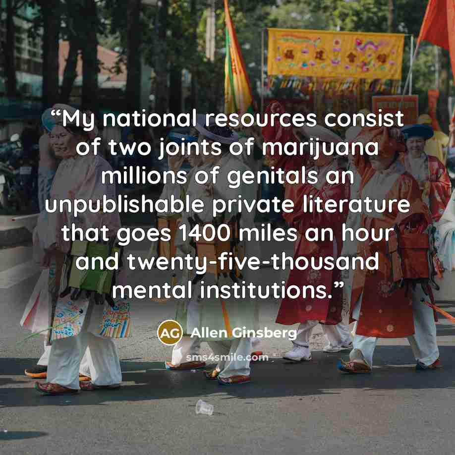 “My national resources consist of two joints of marijuana millions of genitals an unpublishable private literature that goes 1400 miles an hour and twenty-five-thousand mental institutions.” quote by Allen Ginsberg