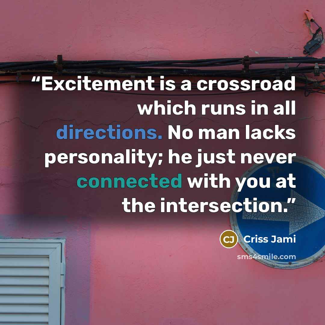 “Excitement is a crossroad which runs in all directions. No man lacks personality; he just never connected with you at the intersection.” quote by Criss Jami