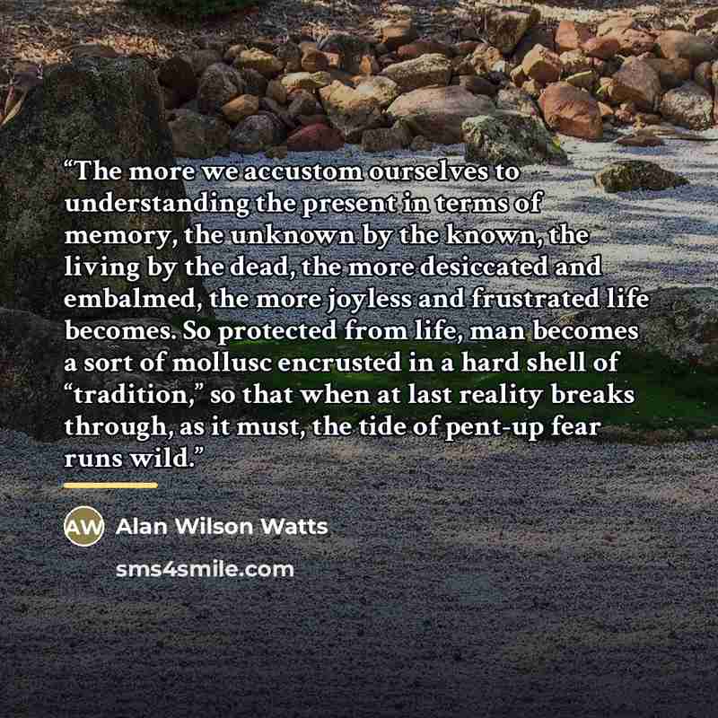“The more we accustom ourselves to understanding the present in terms of memory, the unknown by the known, the living by the dead, the more desiccated and embalmed, the more joyless and frustrated life becomes. So protected from life, man becomes a sort of mollusc encrusted in a hard shell of…” quote by Alan Wilson Watts