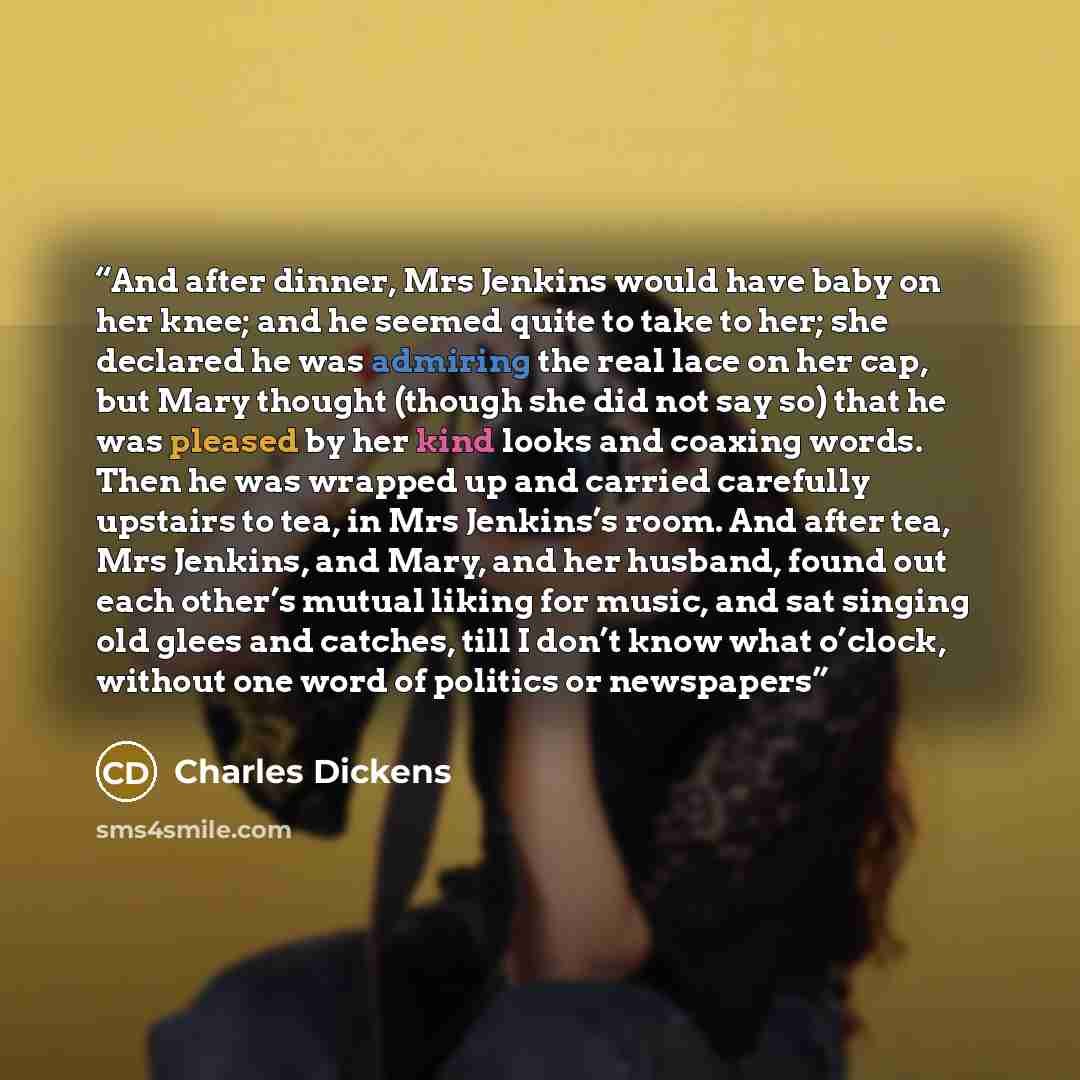 “And after dinner, Mrs Jenkins would have baby on her knee; and he seemed quite to take to her; she declared he was admiring the real lace on her cap, but Mary thought (though she did not say so) that he was pleased by her kind looks and coaxing words. Then he was wrapped up and carried carefully…” quote by Charles Dickens