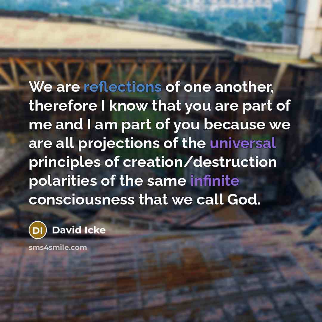 “We are reflections of one another, therefore I know that you are part of me and I am part of you because we are all projections of the universal principles of creation/destruction polarities of the same infinite consciousness that we call God.” quote by David Icke
