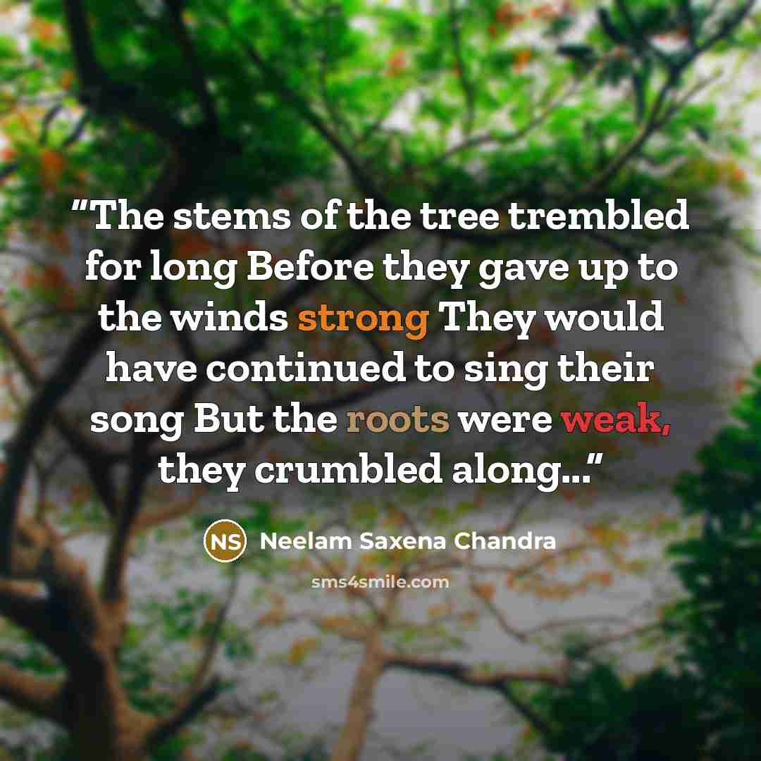 “The stems of the tree trembled for long Before they gave up to the winds strong They would have continued to sing their song But the roots were weak, they crumbled along...” quote by Neelam Saxena Chandra