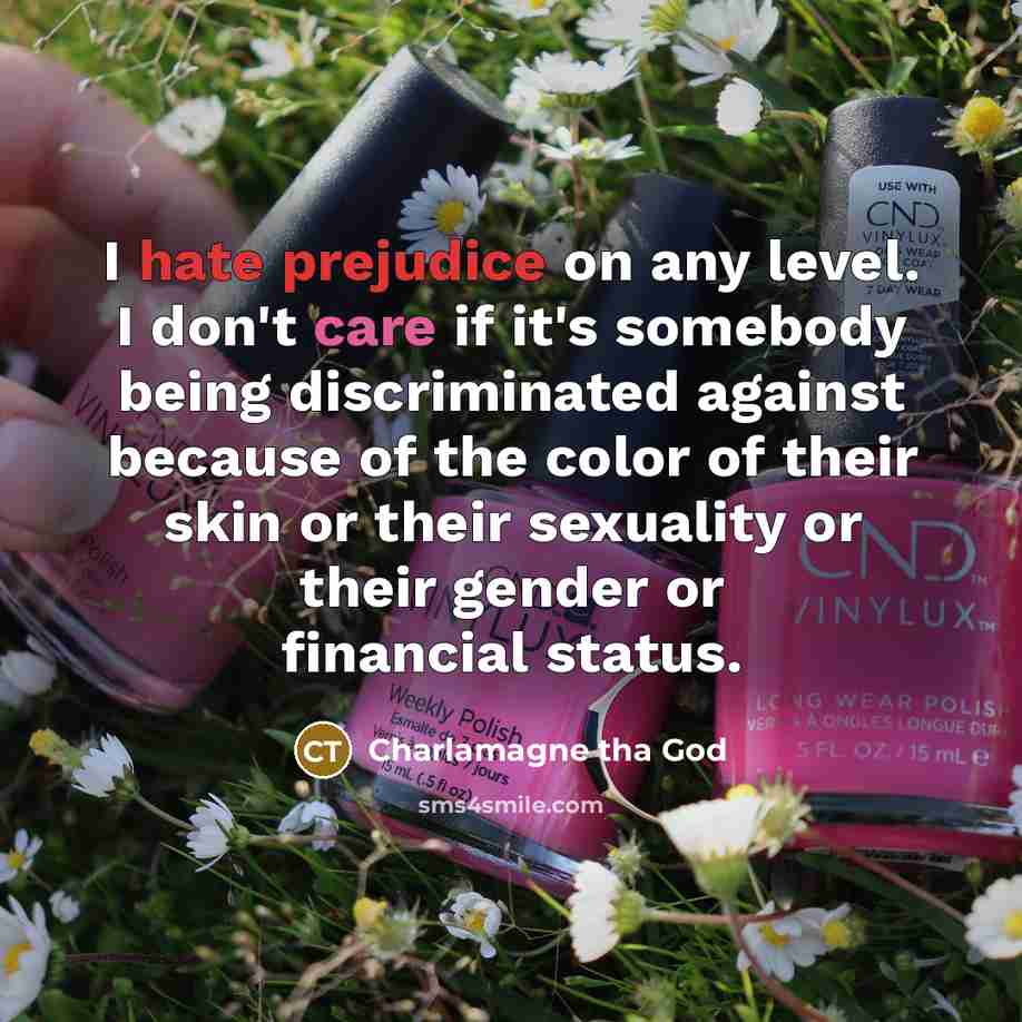 “I hate prejudice on any level. I don't care if it's somebody being discriminated against because of the color of their skin or their sexuality or their gender or financial status.” quote by Charlamagne tha God