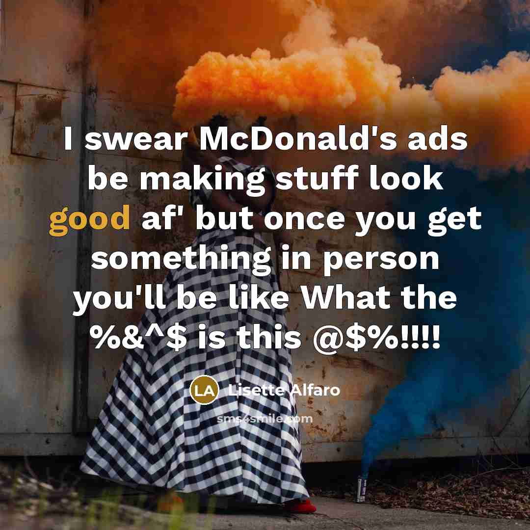 “I swear McDonald's ads be making stuff look good af' but once you get something in person you'll be like What the %&^$ is this @$%!!!!” quote by Lisette Alfaro