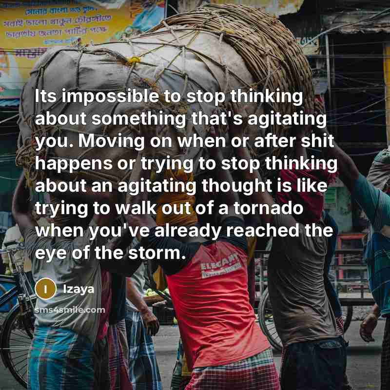 “Its impossible to stop thinking about something that's agitating you. Moving on when or after shit happens or trying to stop thinking about an agitating thought is like trying to walk out of a tornado when you've already reached the eye of the storm.” quote by Izaya