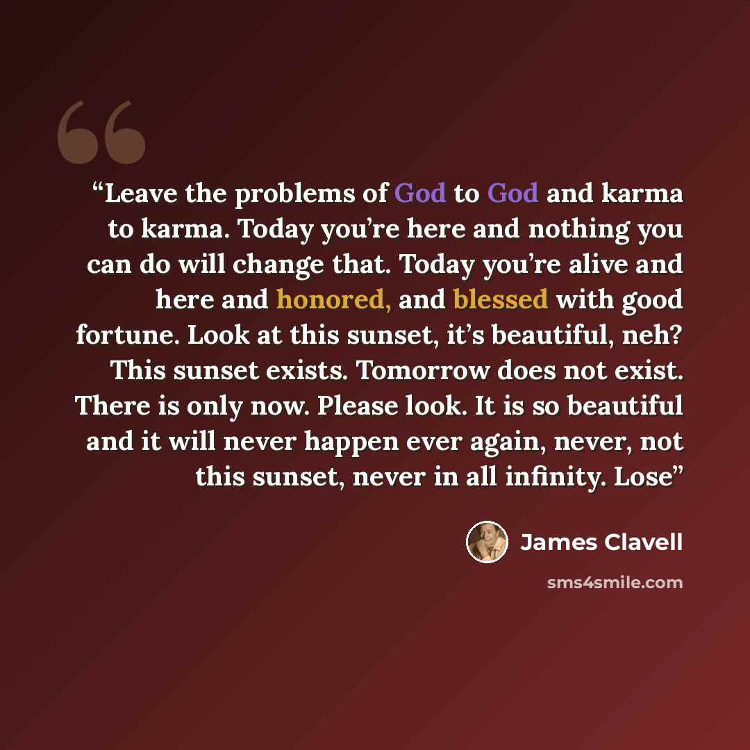 “Leave the problems of God to God and karma to karma. Today you’re here and nothing you can do will change that. Today you’re alive and here and honored, and blessed with good fortune. Look at this sunset, it’s beautiful, neh? This sunset exists. Tomorrow does not exist. There is only now. Please…” quote by James Clavell