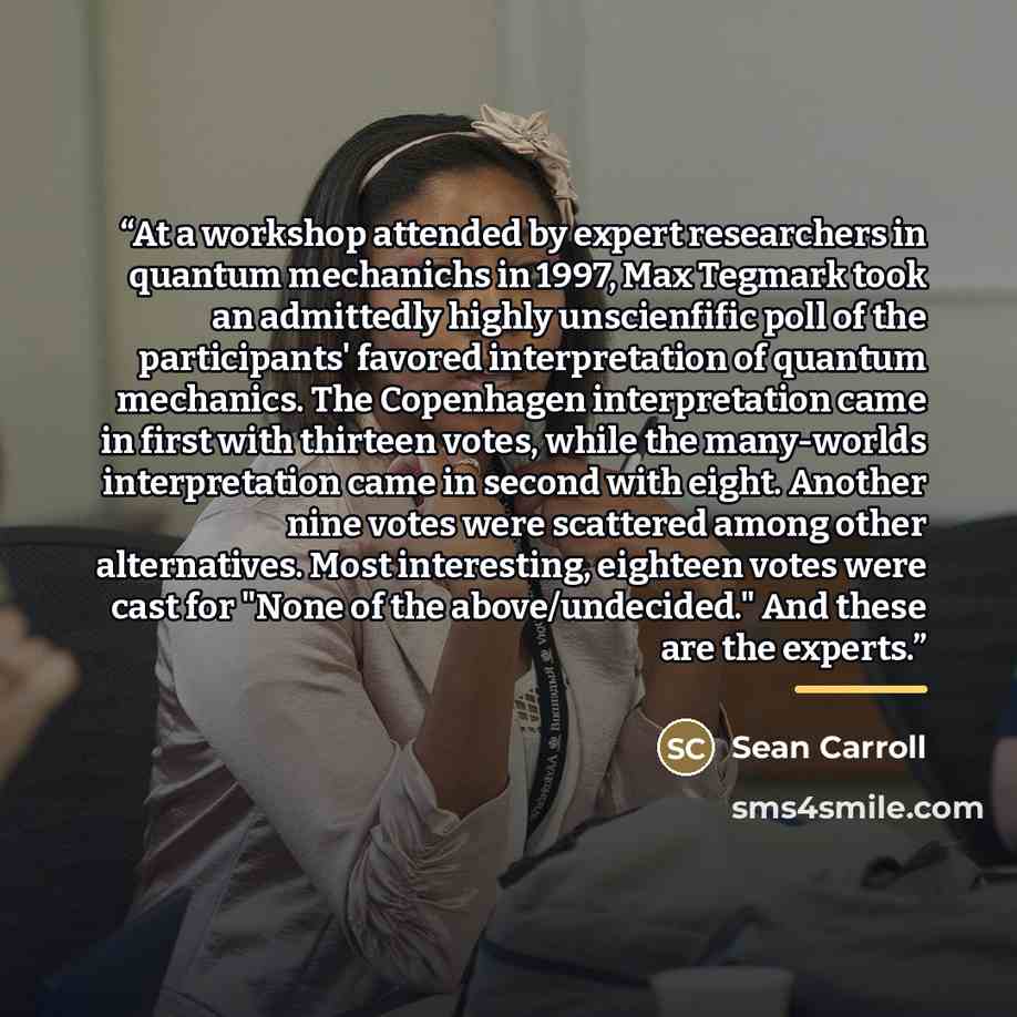 “At a workshop attended by expert researchers in quantum mechanichs in 1997, Max Tegmark took an admittedly highly unscienfific poll of the participants' favored interpretation of quantum mechanics. The Copenhagen interpretation came in first with thirteen votes, while the many-worlds…” quote by Sean Carroll