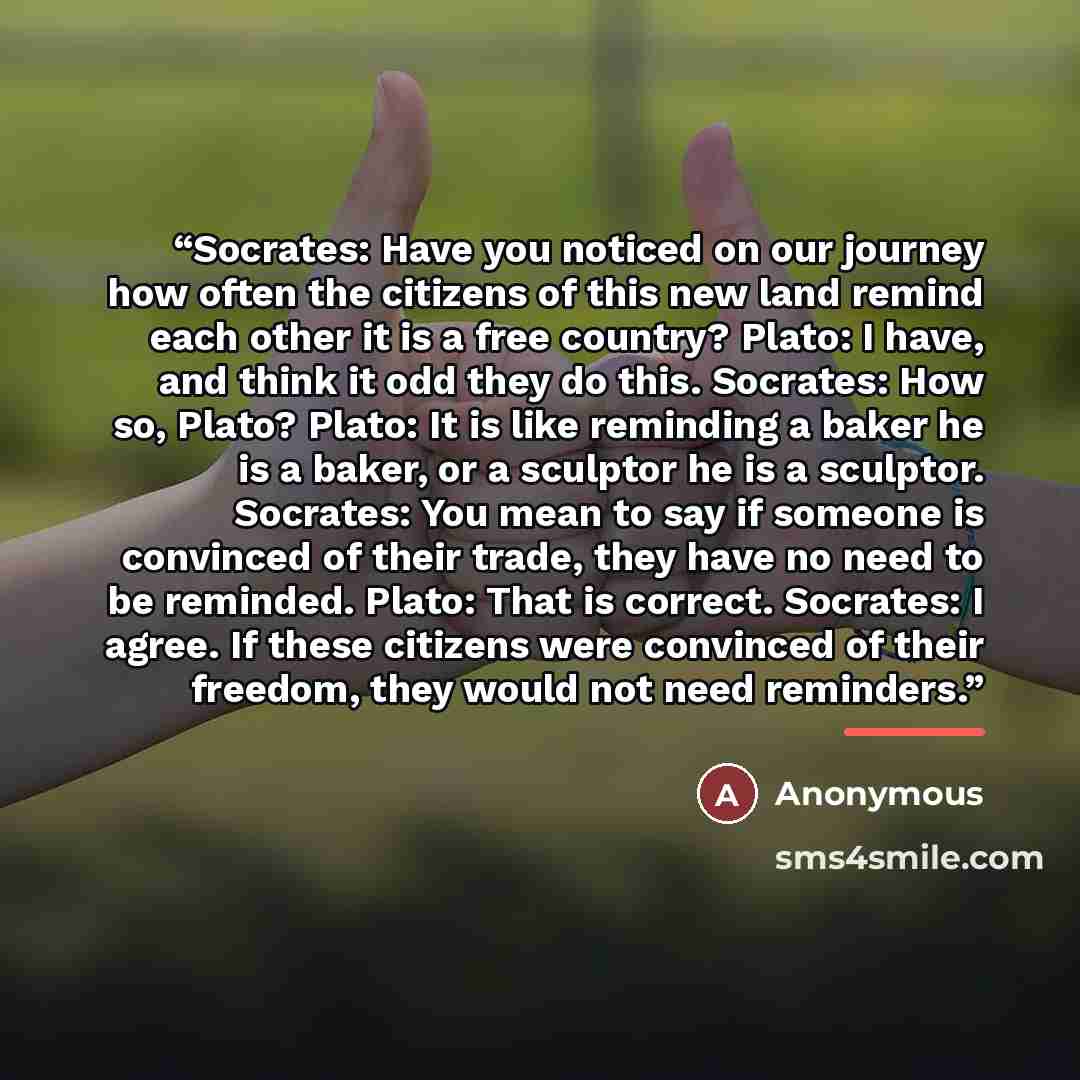“Socrates: Have you noticed on our journey how often the citizens of this new land remind each other it is a free country? Plato: I have, and think it odd they do this. Socrates: How so, Plato? Plato: It is like reminding a baker he is a baker, or a sculptor he is a sculptor. Socrates: You mean to…” quote by Anonymous