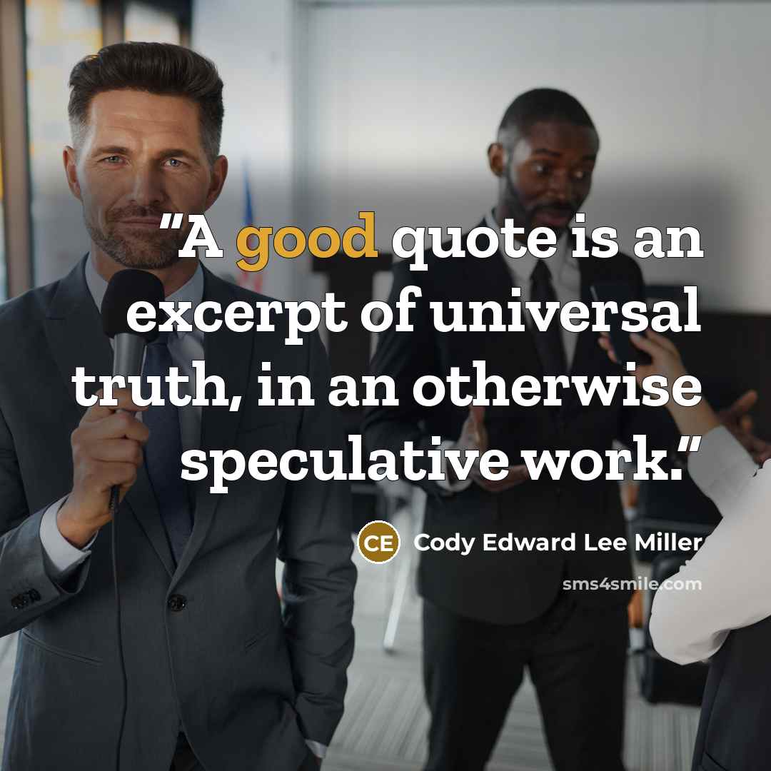“A good quote is an excerpt of universal truth, in an otherwise speculative work.” quote by Cody Edward Lee Miller