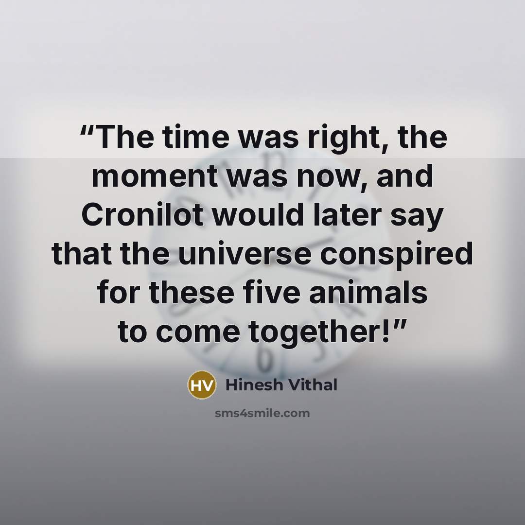 “The time was right, the moment was now, and Cronilot would later say that the universe conspired for these five animals to come together!” quote by Hinesh Vithal