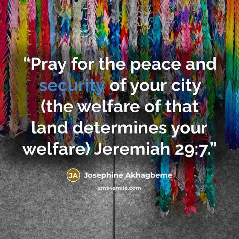 “Pray for the peace and security of your city (the welfare of that land determines your welfare) Jeremiah 29:7.” quote by Josephine Akhagbeme