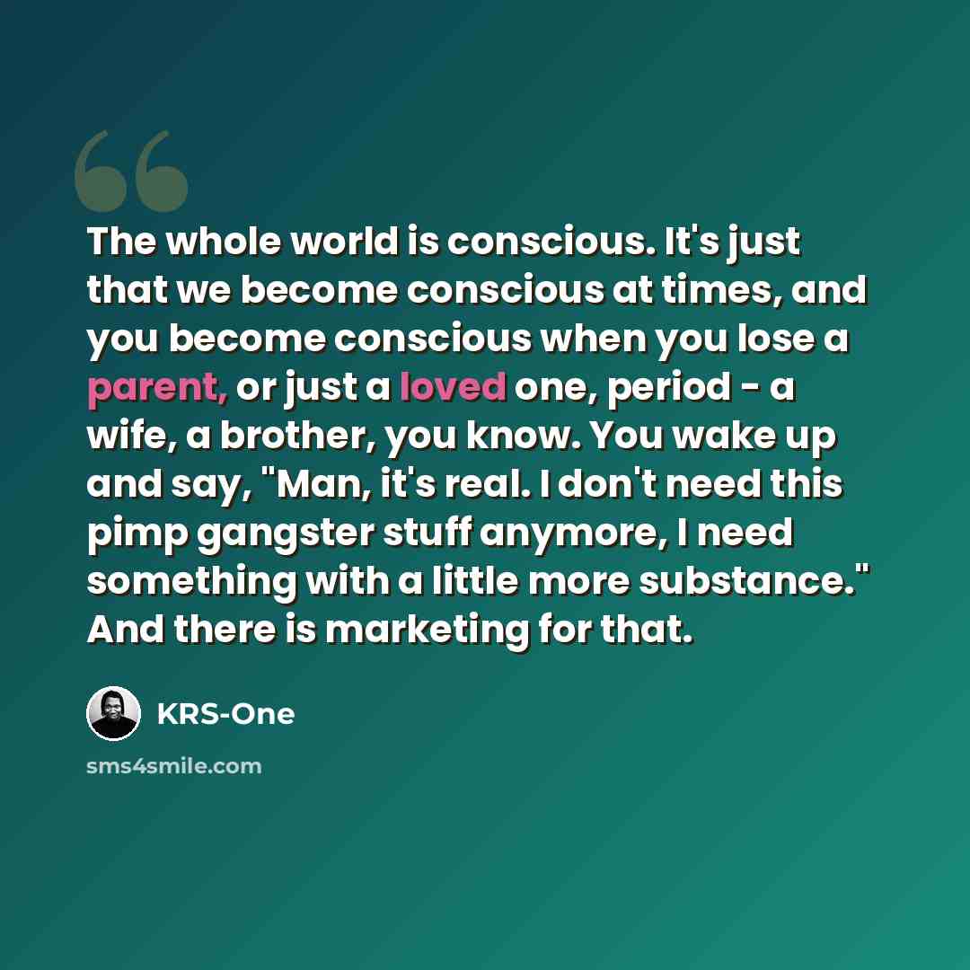 “The whole world is conscious. It's just that we become conscious at times, and you become conscious when you lose a parent, or just a loved one, period - a wife, a brother, you know. You wake up and say, "Man, it's real. I don't need this pimp gangster stuff anymore, I need something with a little…” quote by KRS-One