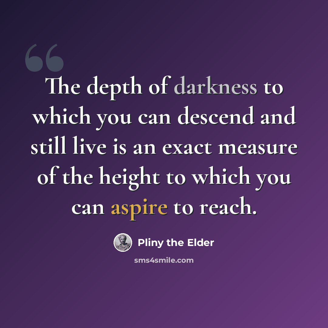 “The depth of darkness to which you can descend and still live is an exact measure of the height to which you can aspire to reach.” quote by Pliny the Elder