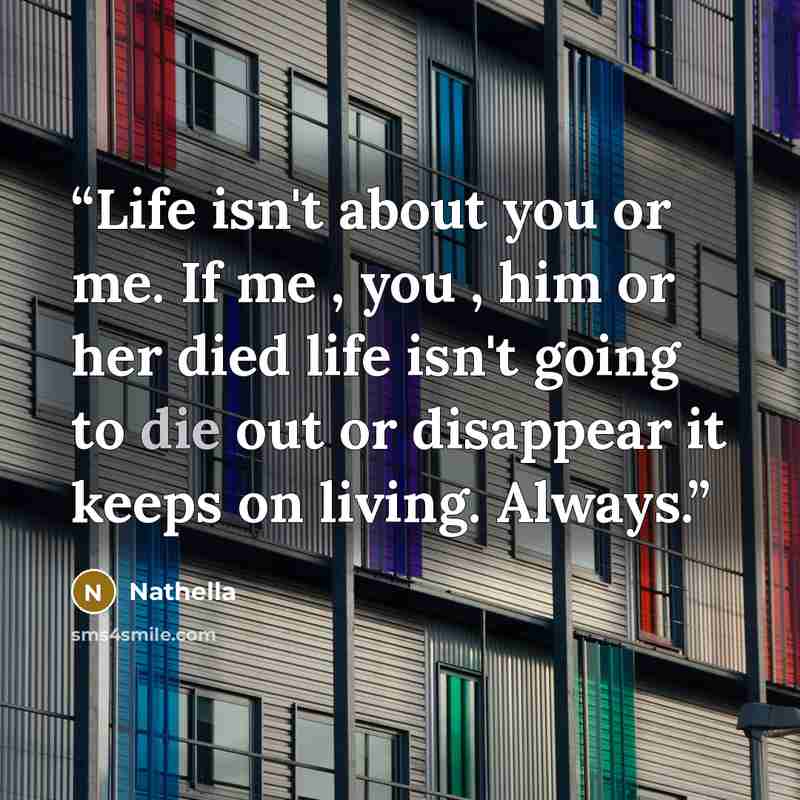 “Life isn't about you or me. If me , you , him or her died life isn't going to die out or disappear it keeps on living. Always.” quote by Nathella