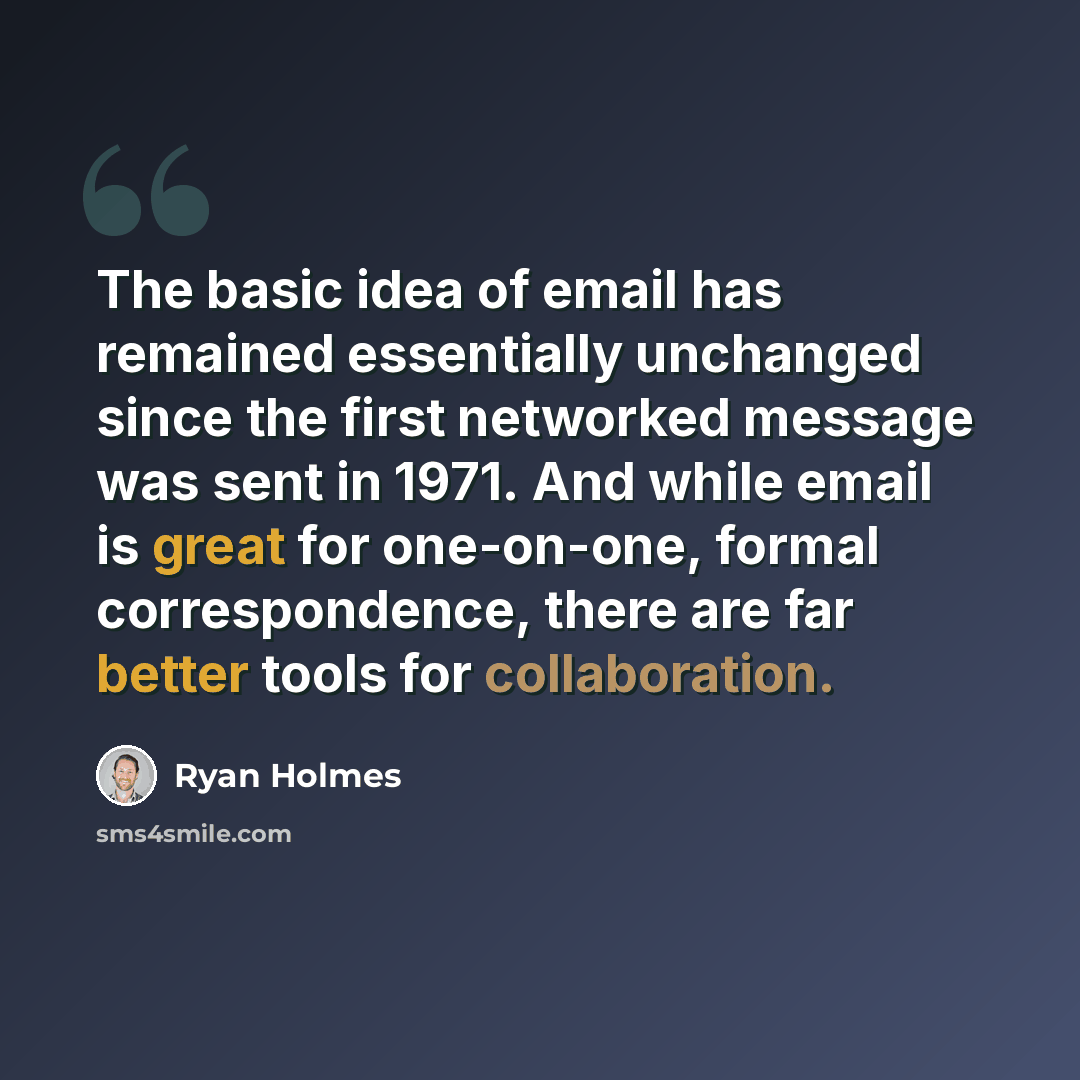 “The basic idea of email has remained essentially unchanged since the first networked message was sent in 1971. And while email is great for one-on-one, formal correspondence, there are far better tools for collaboration.” quote by Ryan Holmes