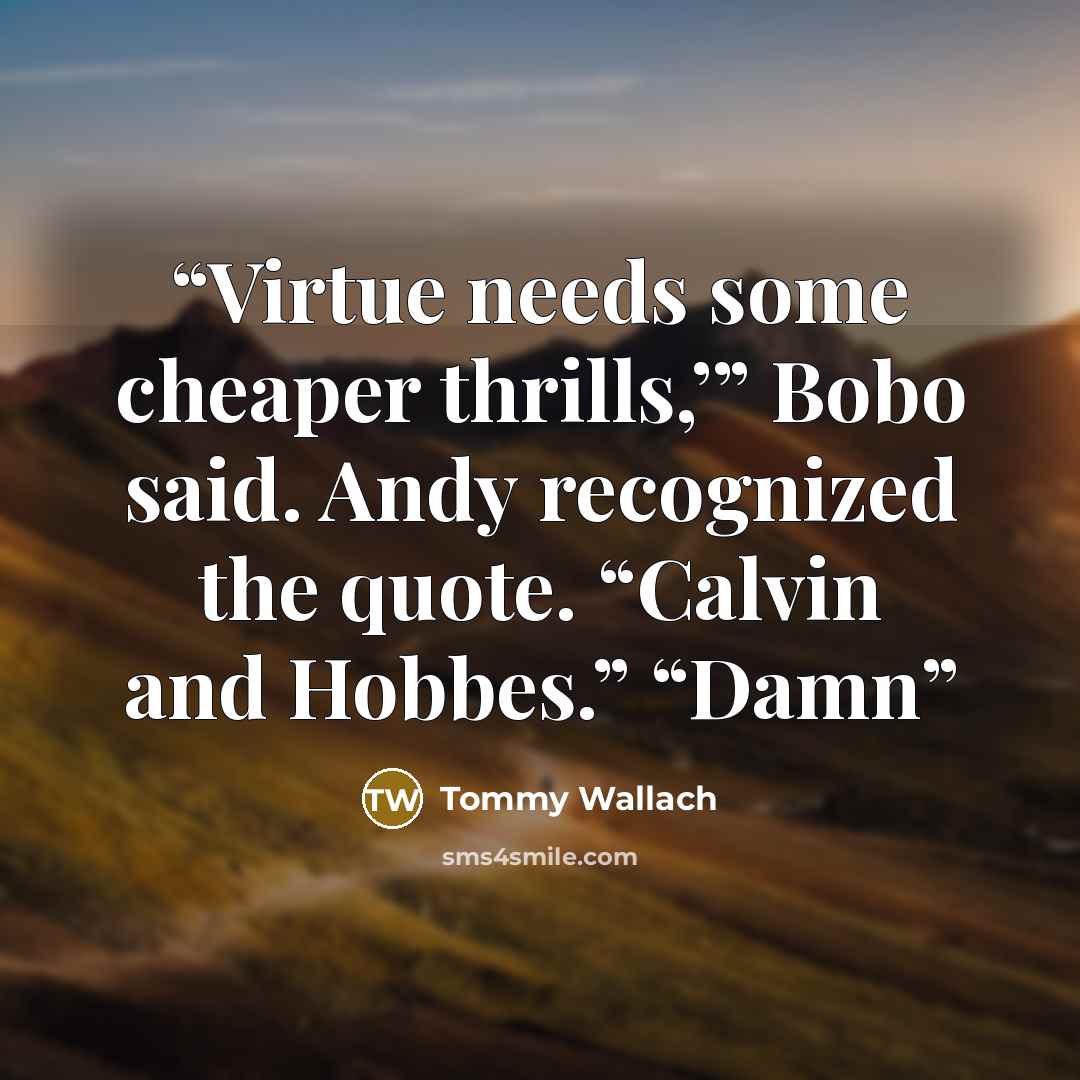 “Virtue needs some cheaper thrills,’” Bobo said. Andy recognized the quote. “Calvin and Hobbes.” “Damn” quote by Tommy Wallach