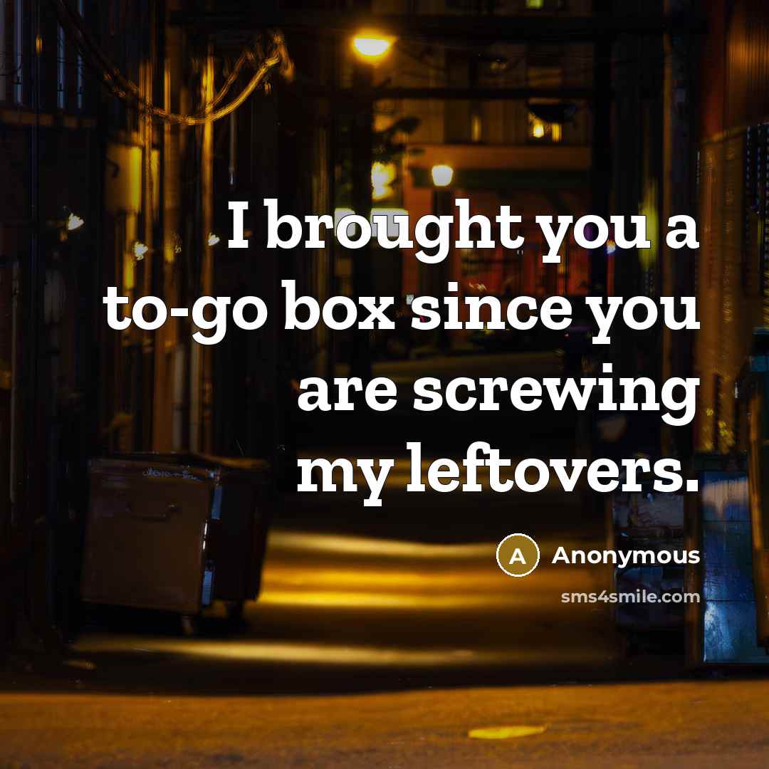 “I brought you a to-go box since you are screwing my leftovers.” quote by Anonymous