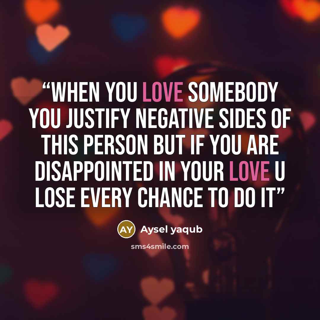 “when you love somebody you justify negative sides of this person but if you are disappointed in your love u lose every chance to do it” quote by Aysel yaqub
