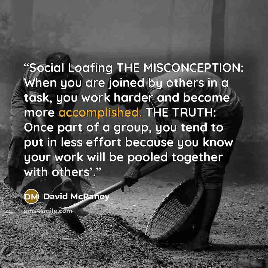 “Social Loafing THE MISCONCEPTION: When you are joined by others in a task, you work harder and become more accomplished. THE TRUTH: Once part of a group, you tend to put in less effort because you know your work will be pooled together with others’.” quote by David McRaney