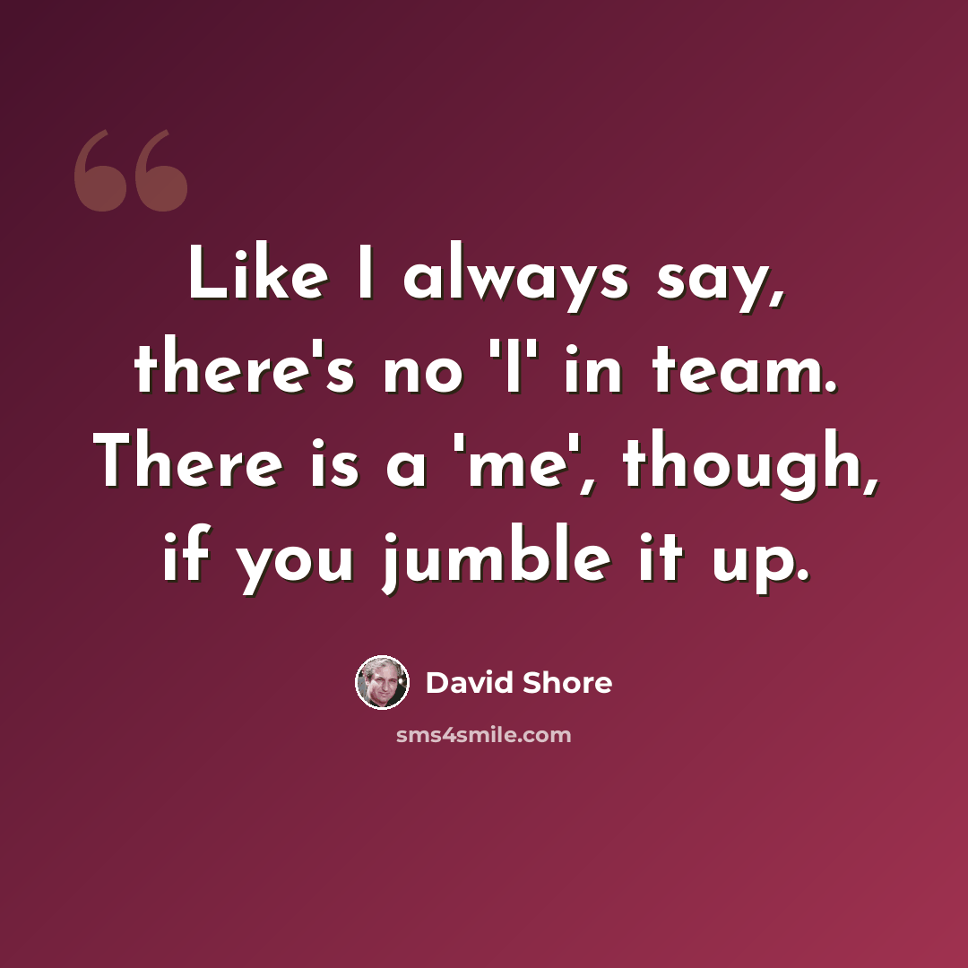 “Like I always say, there's no 'I' in team. There is a 'me', though, if you jumble it up.” quote by David Shore