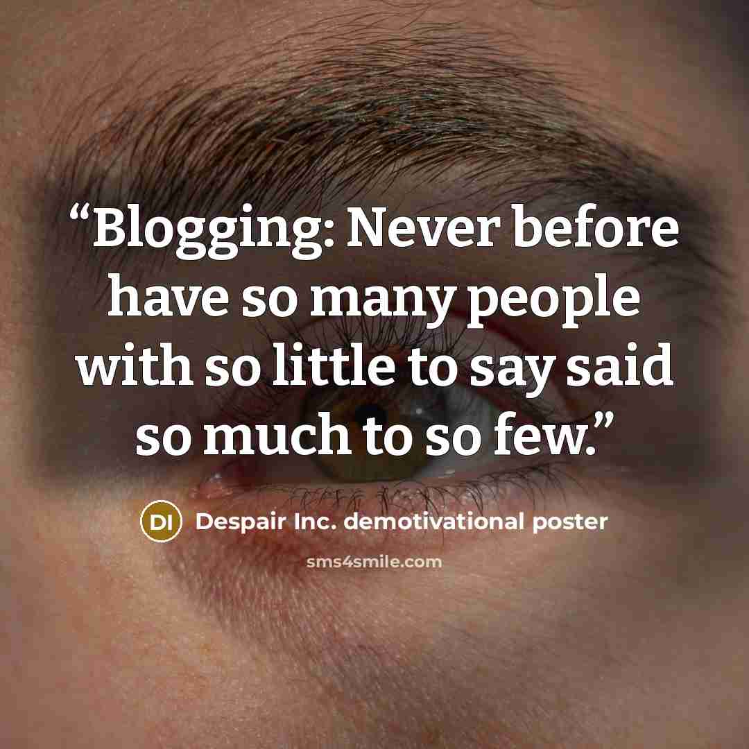 “Blogging: Never before have so many people with so little to say said so much to so few.” quote by Despair Inc. demotivational poster