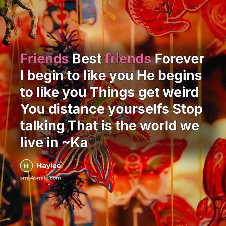“Friends Best friends Forever I begin to like you He begins to like you Things get weird You distance yourselfs Stop talking That is the world we live in ~Ka” quote by Haylee