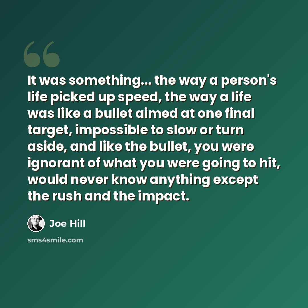 “It was something... the way a person's life picked up speed, the way a life was like a bullet aimed at one final target, impossible to slow or turn aside, and like the bullet, you were ignorant of what you were going to hit, would never know anything except the rush and the impact.” quote by Joe Hill