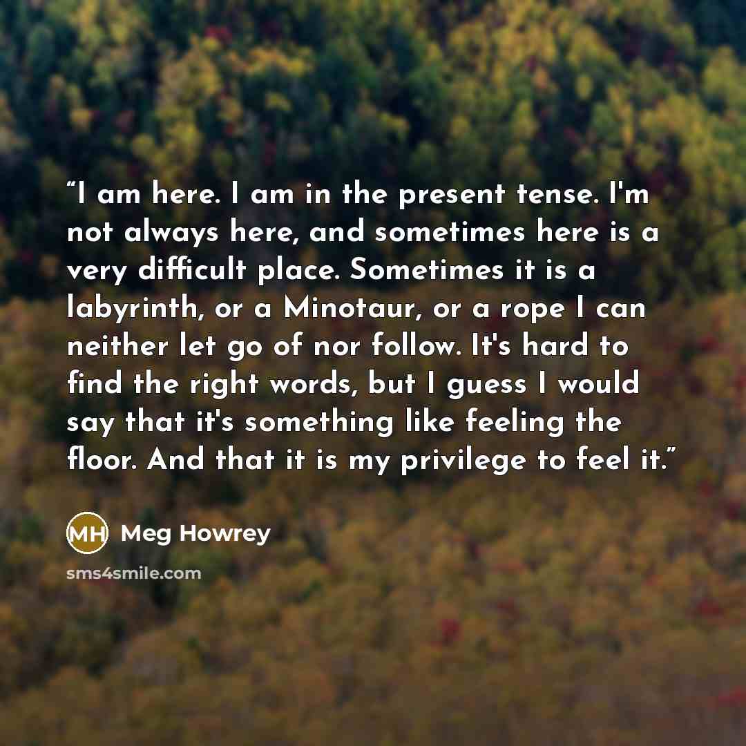 “I am here. I am in the present tense. I'm not always here, and sometimes here is a very difficult place. Sometimes it is a labyrinth, or a Minotaur, or a rope I can neither let go of nor follow. It's hard to find the right words, but I guess I would say that it's something like feeling the floor…” quote by Meg Howrey
