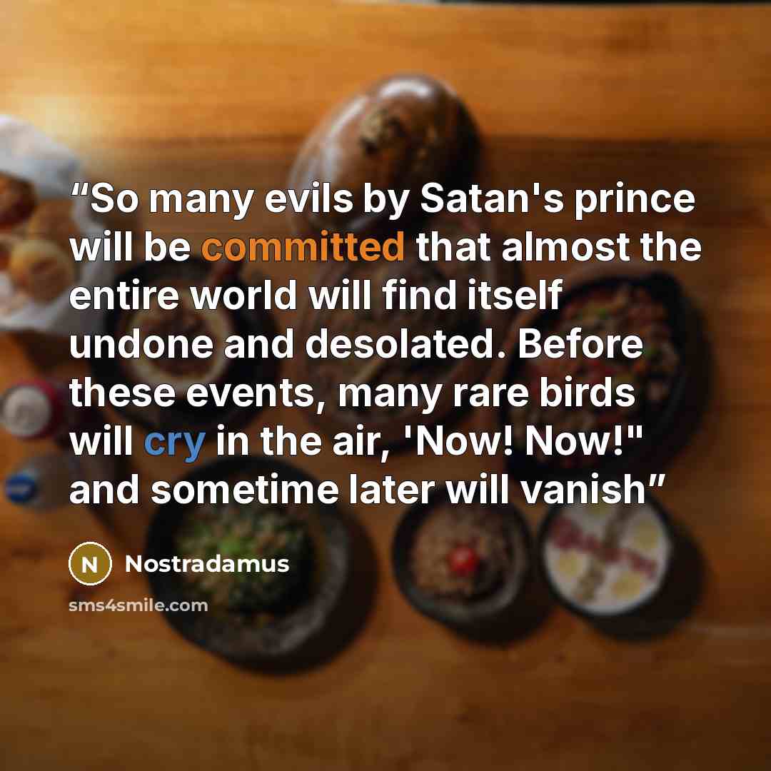 “So many evils by Satan's prince will be committed that almost the entire world will find itself undone and desolated. Before these events, many rare birds will cry in the air, 'Now! Now!" and sometime later will vanish” quote by Nostradamus
