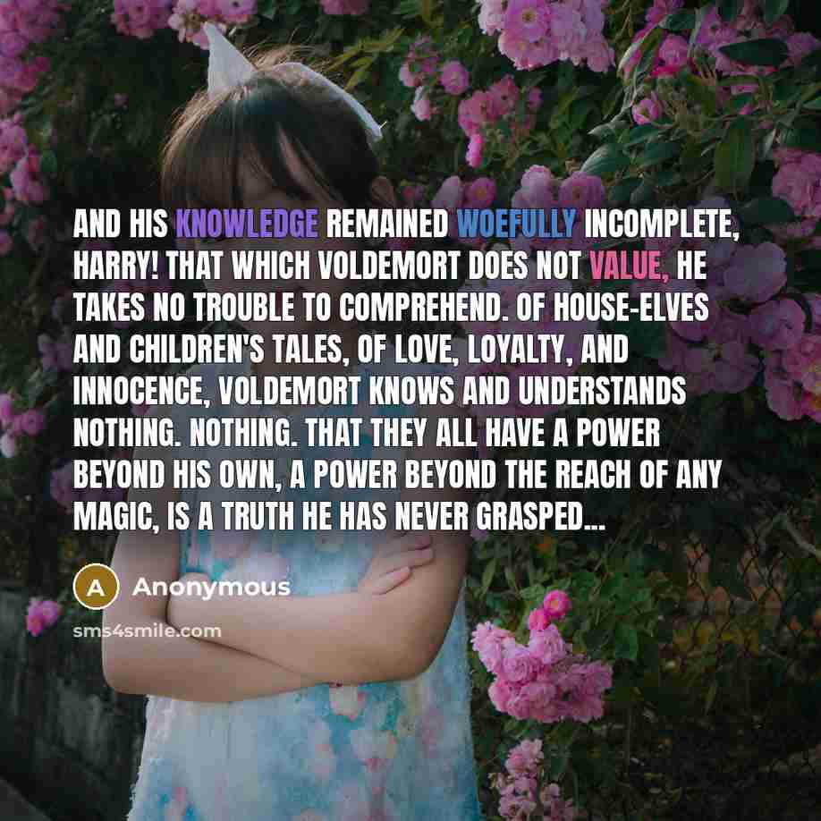 “And his knowledge remained woefully incomplete, Harry! That which Voldemort does not value, he takes no trouble to comprehend. Of house-elves and children's tales, of love, loyalty, and innocence, Voldemort knows and understands nothing. Nothing. That they all have a power beyond his own, a power…” quote by Anonymous