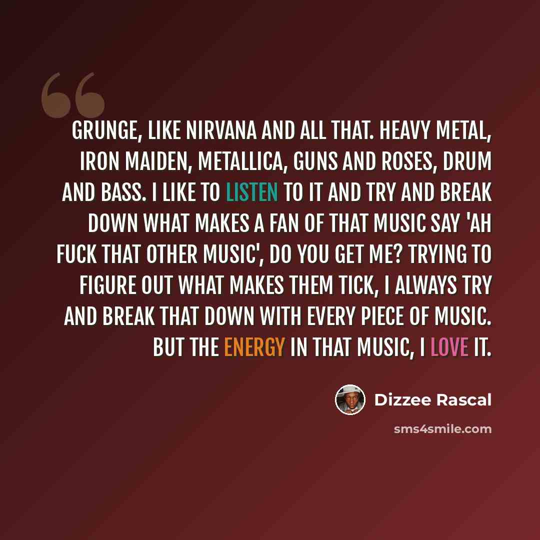 “Grunge, like Nirvana and all that. Heavy metal, Iron Maiden, Metallica, Guns and Roses, drum and bass. I like to listen to it and try and break down what makes a fan of that music say 'Ah fuck that other music', do you get me? Trying to figure out what makes them tick, I always try and break that…” quote by Dizzee Rascal