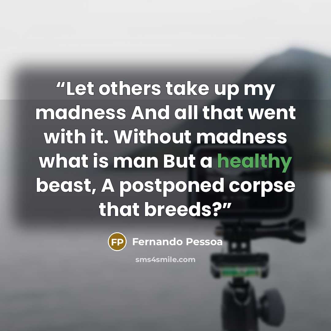 “Let others take up my madness And all that went with it. Without madness what is man But a healthy beast, A postponed corpse that breeds?” quote by Fernando Pessoa