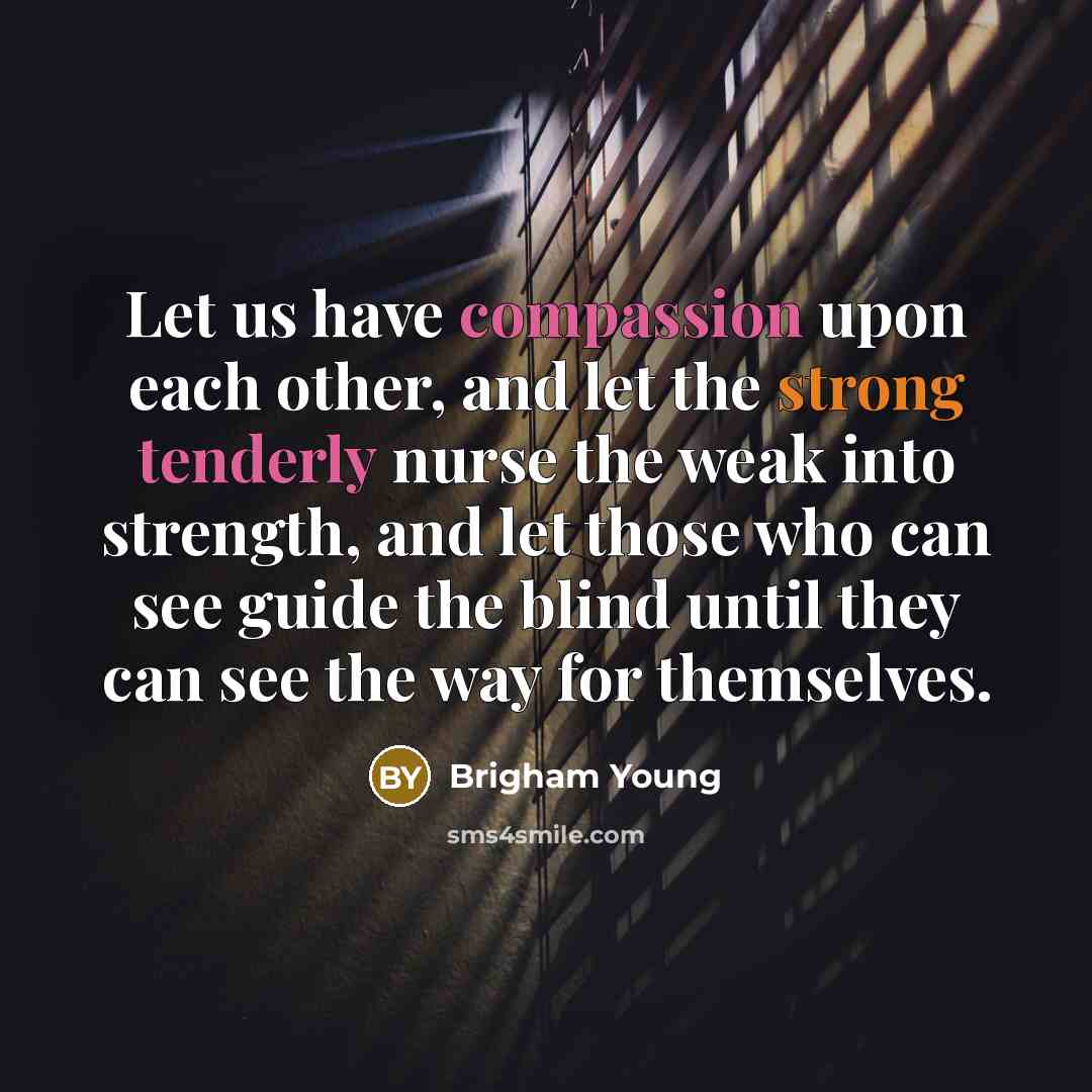“Let us have compassion upon each other, and let the strong tenderly nurse the weak into strength, and let those who can see guide the blind until they can see the way for themselves.” quote by Brigham Young