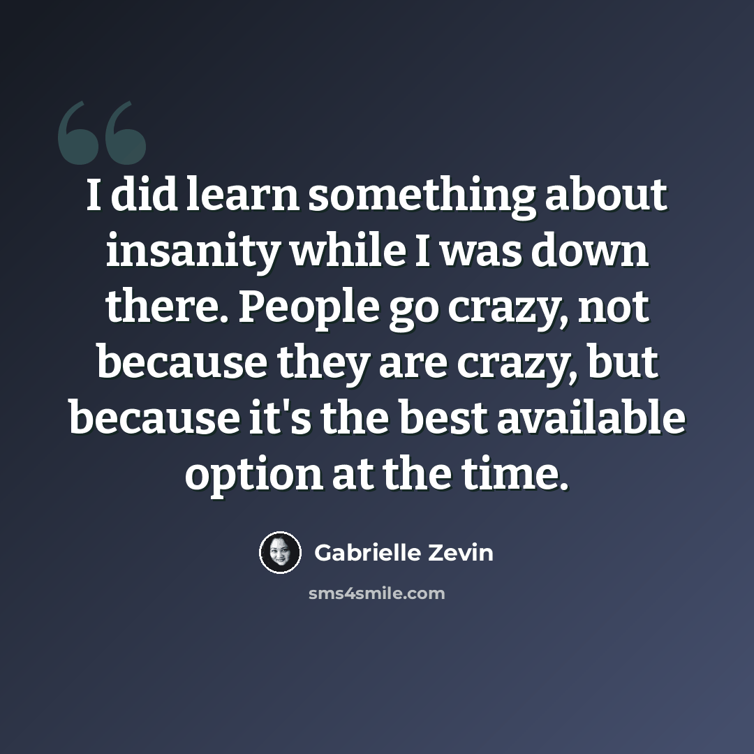 “I did learn something about insanity while I was down there. People go crazy, not because they are crazy, but because it's the best available option at the time.” quote by Gabrielle Zevin