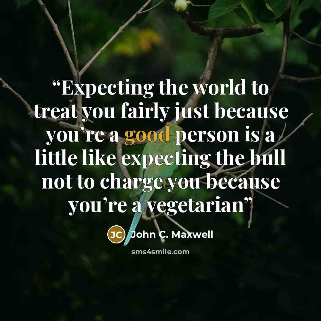 “Expecting the world to treat you fairly just because you’re a good person is a little like expecting the bull not to charge you because you’re a vegetarian” quote by John C. Maxwell