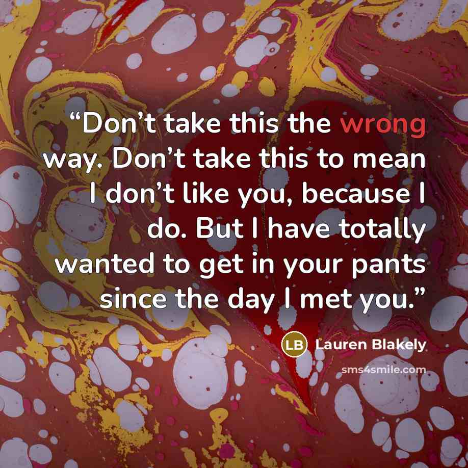 “Don’t take this the wrong way. Don’t take this to mean I don’t like you, because I do. But I have totally wanted to get in your pants since the day I met you.” quote by Lauren Blakely