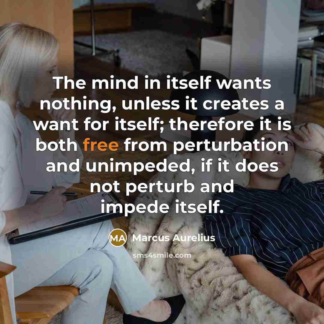 “The mind in itself wants nothing, unless it creates a want for itself; therefore it is both free from perturbation and unimpeded, if it does not perturb and impede itself.” quote by Marcus Aurelius
