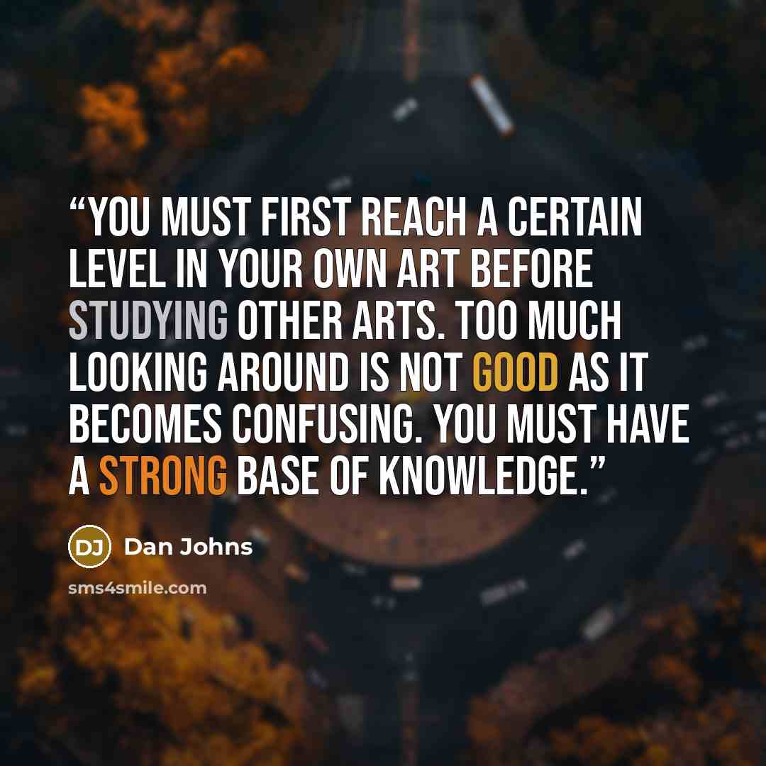 “You must first reach a certain level in your own art before studying other arts. Too much looking around is not good as it becomes confusing. You must have a strong base of knowledge.” quote by Dan Johns