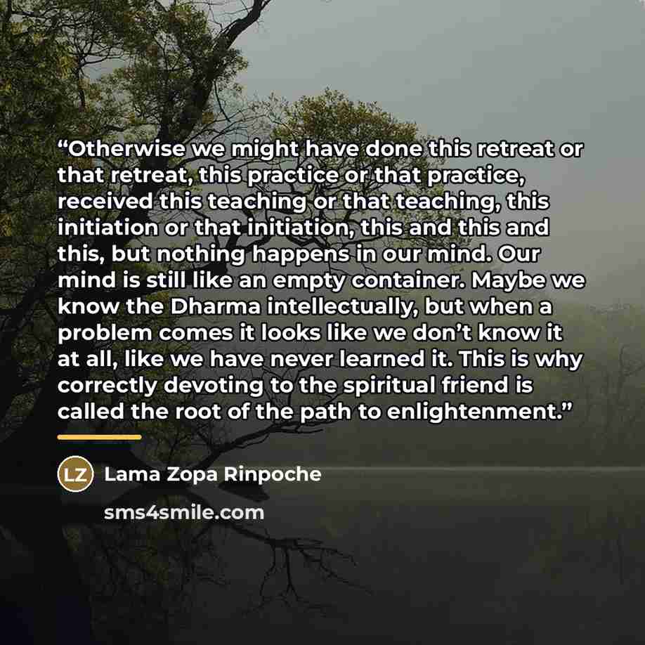 “Otherwise we might have done this retreat or that retreat, this practice or that practice, received this teaching or that teaching, this initiation or that initiation, this and this and this, but nothing happens in our mind. Our mind is still like an empty container. Maybe we know the Dharma…” quote by Lama Zopa Rinpoche