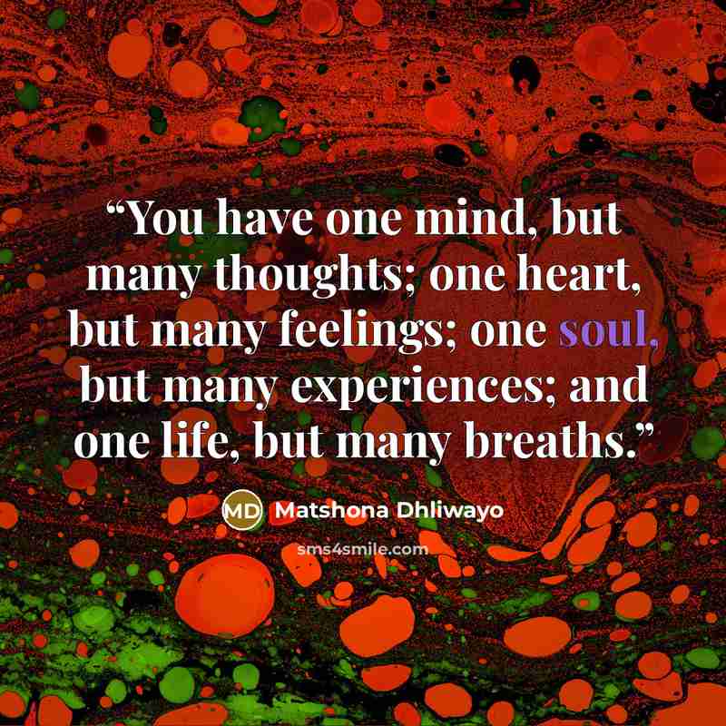 “You have one mind, but many thoughts; one heart, but many feelings; one soul, but many experiences; and one life, but many breaths.” quote by Matshona Dhliwayo