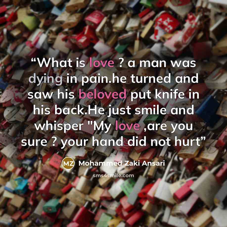“What is love ? a man was dying in pain.he turned and saw his beloved put knife in his back.He just smile and whisper "My love ,are you sure ? your hand did not hurt” quote by Mohammed Zaki Ansari