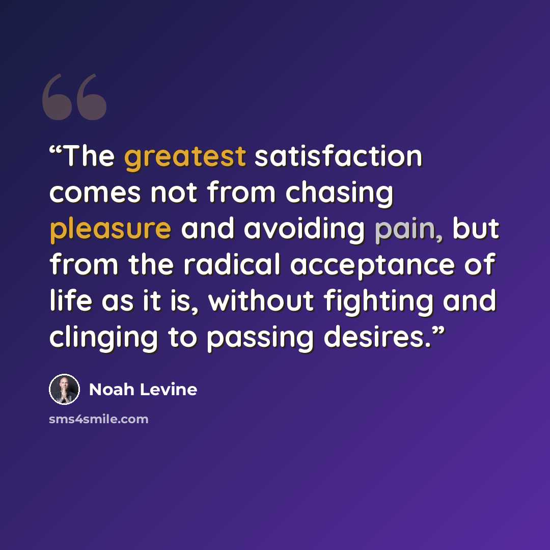 “The greatest satisfaction comes not from chasing pleasure and avoiding pain, but from the radical acceptance of life as it is, without fighting and clinging to passing desires.” quote by Noah Levine