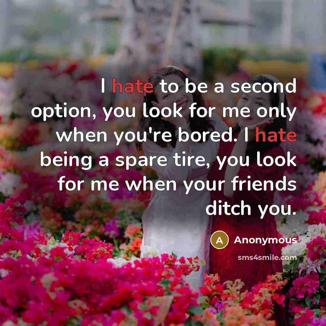 “I hate to be a second option, you look for me only when you're bored. I hate being a spare tire, you look for me when your friends ditch you.” quote by Anonymous