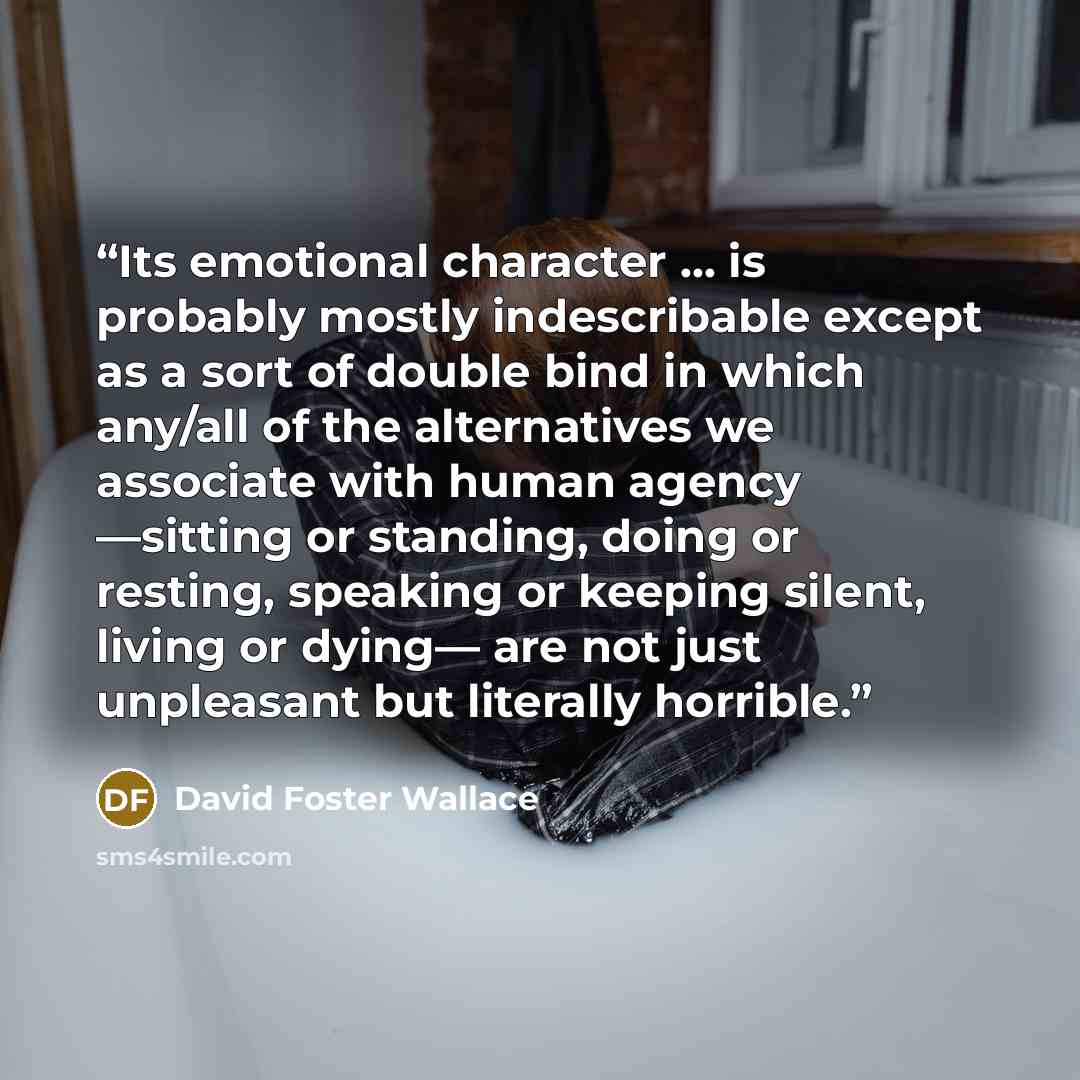 “Its emotional character … is probably mostly indescribable except as a sort of double bind in which any/all of the alternatives we associate with human agency —sitting or standing, doing or resting, speaking or keeping silent, living or dying— are not just unpleasant but literally horrible.” quote by David Foster Wallace