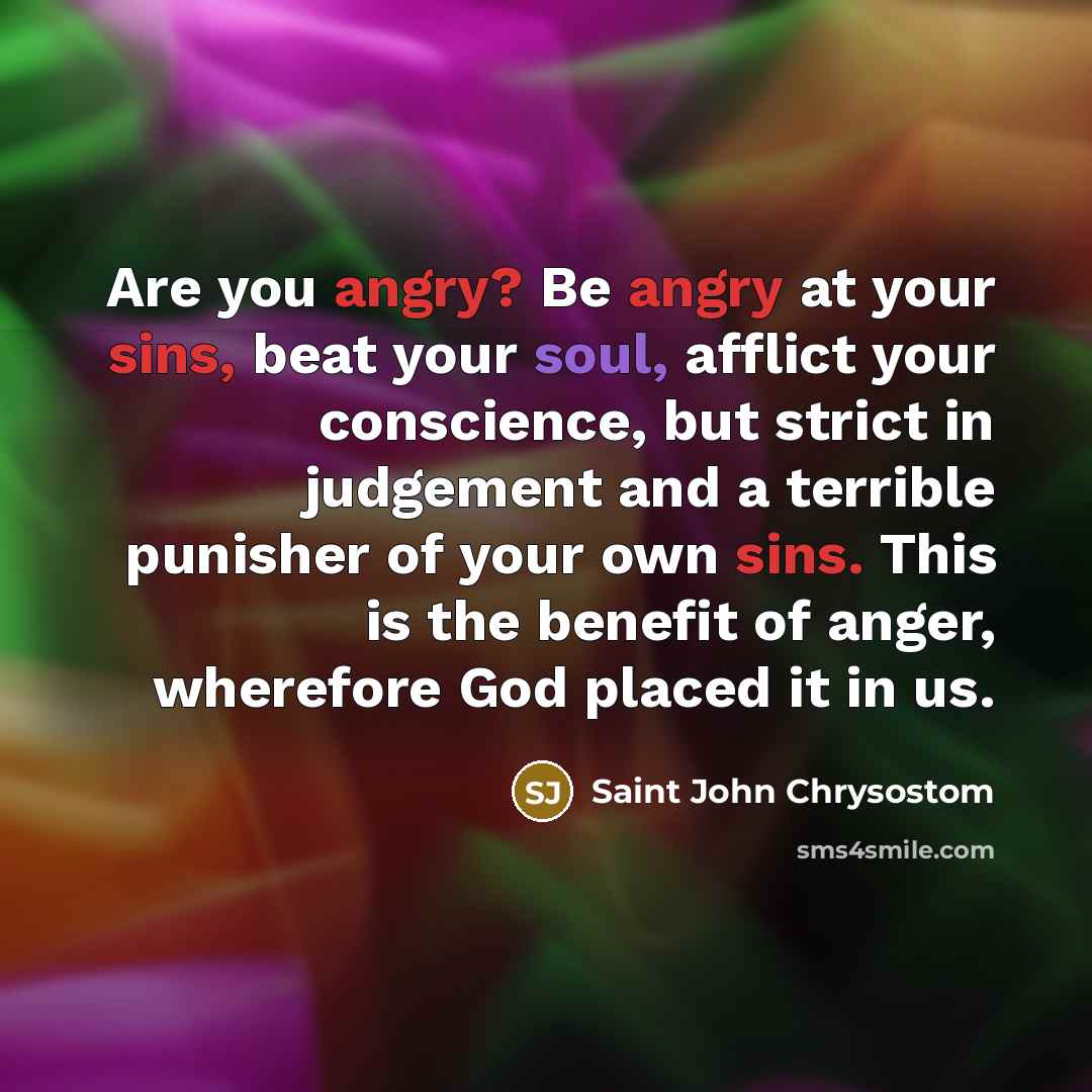 “Are you angry? Be angry at your sins, beat your soul, afflict your conscience, but strict in judgement and a terrible punisher of your own sins. This is the benefit of anger, wherefore God placed it in us.” quote by Saint John Chrysostom
