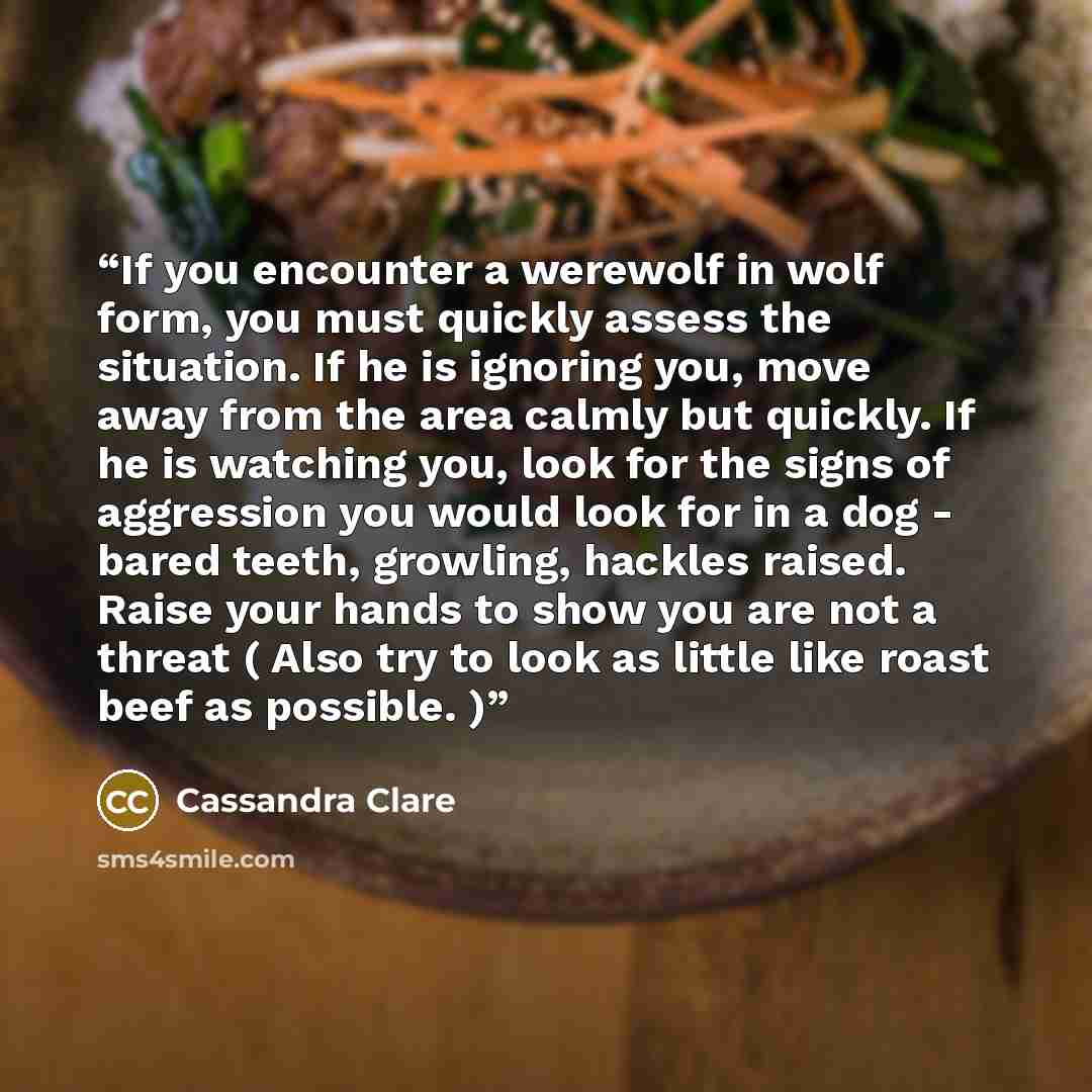 “If you encounter a werewolf in wolf form, you must quickly assess the situation. If he is ignoring you, move away from the area calmly but quickly. If he is watching you, look for the signs of aggression you would look for in a dog - bared teeth, growling, hackles raised. Raise your hands to show…” quote by Cassandra Clare